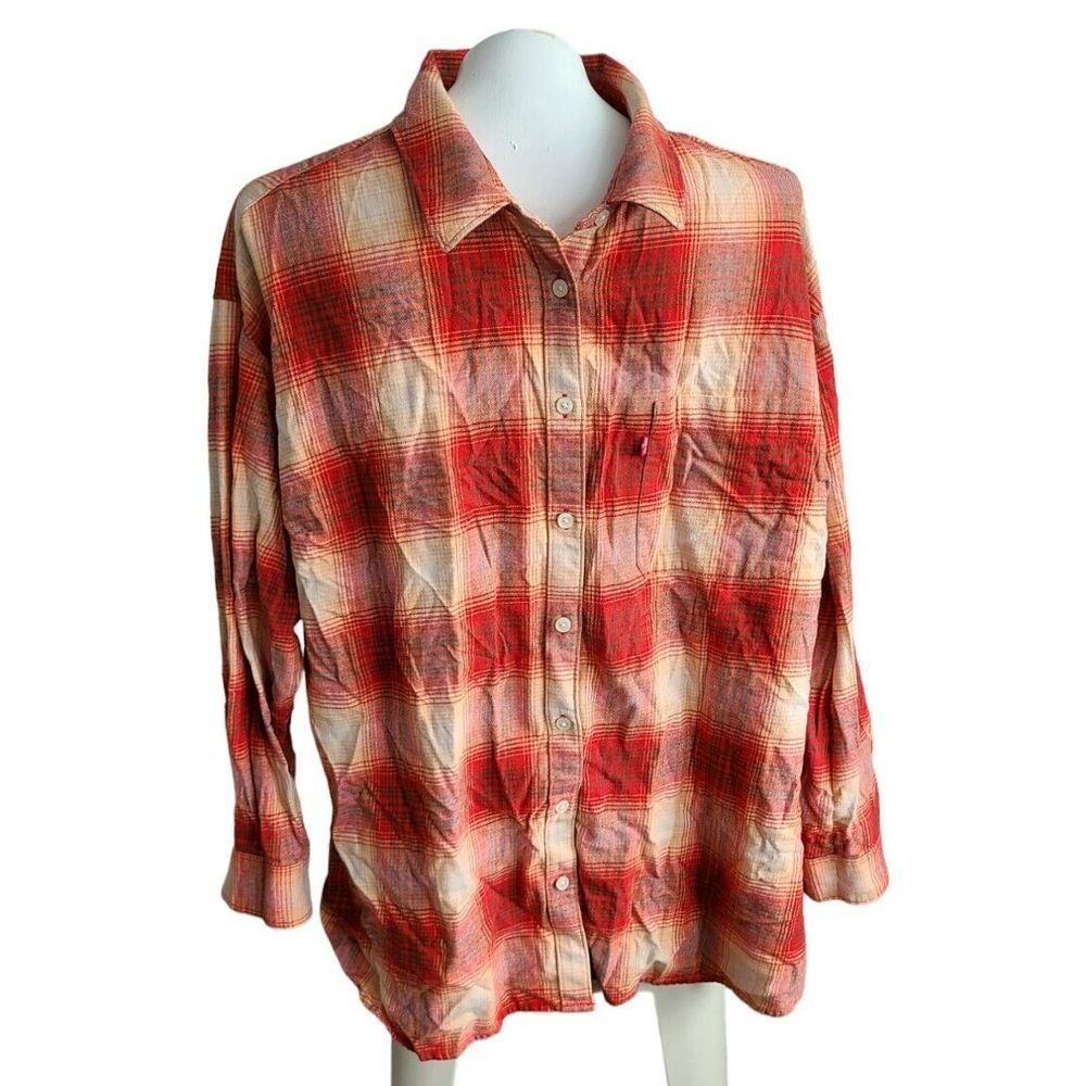 Levis Womens 2X Red Plaid Flannel Button Down Shirt Long Sleeve Oversized Top